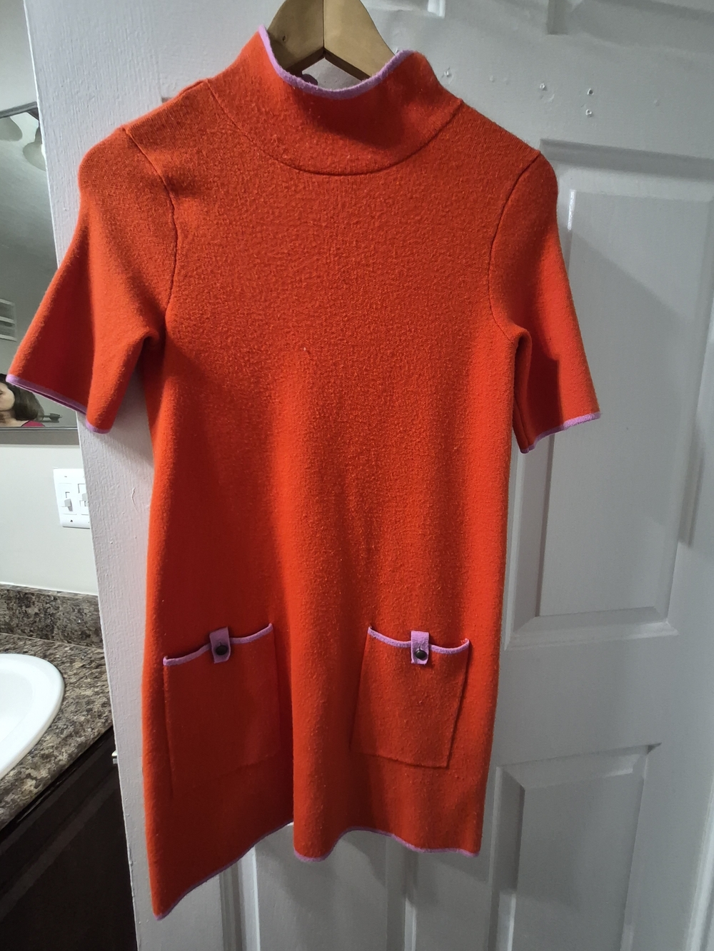 Anthropologie Bright Orange Short-Sleeve Turtleneck Sweater Dress with Pink Trim